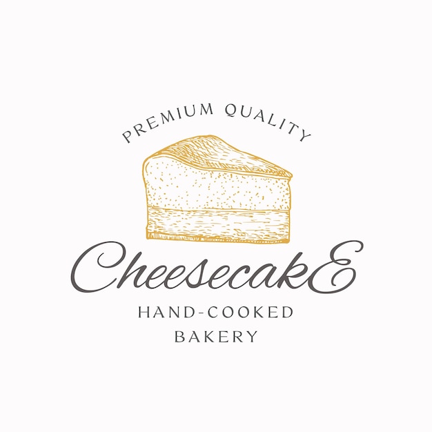 Segno, simbolo o modello di logo dell'estratto della torta di formaggio da forno cotta a mano. pezzo di torta e tipografia disegnati a mano. pasticceria