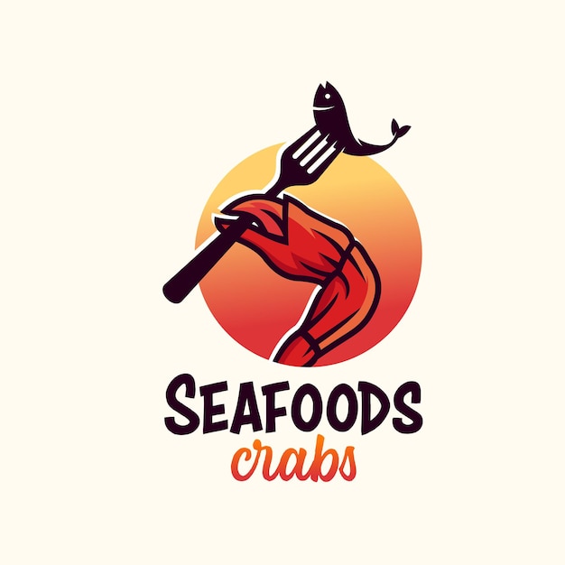Вектор Ручные крабы с вилкой и рыбой логотип для бизнеса морепродукты крабы дизайн логотипа векторная иллюстрация