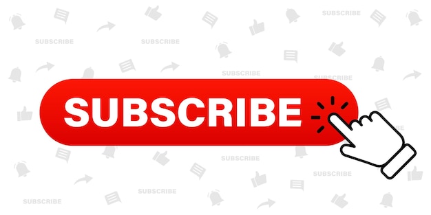 Hand cursor clicking on red subscribe button. Subscribe button on social media signs background. Hand pointer icon. Subscription service. Social media concept. Streaming video. Vector graphic. EPS 10