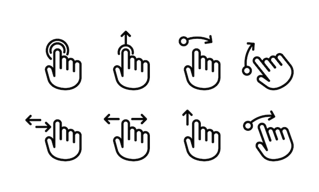 hand cursor touch screen gestures icon or swipe to left right up. hand finger left, right, up