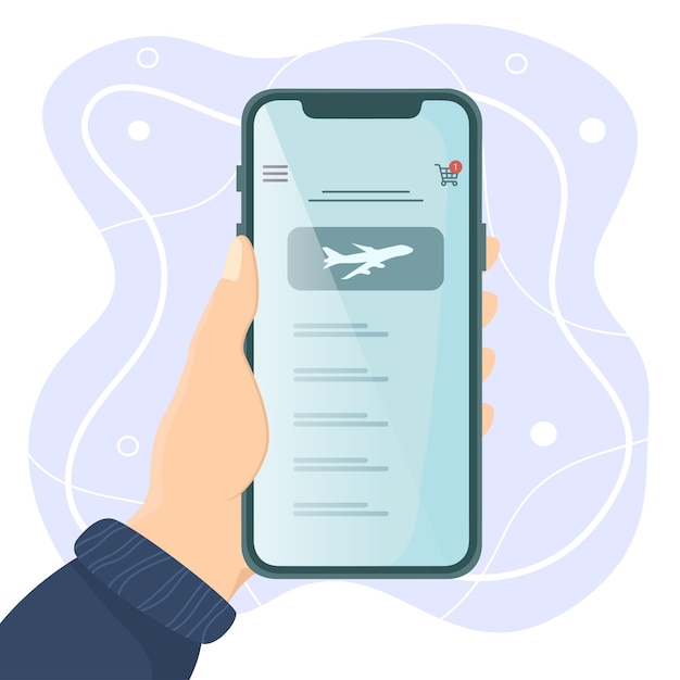 Vector hand die een telefoon vasthoudt en vliegtickets boekt