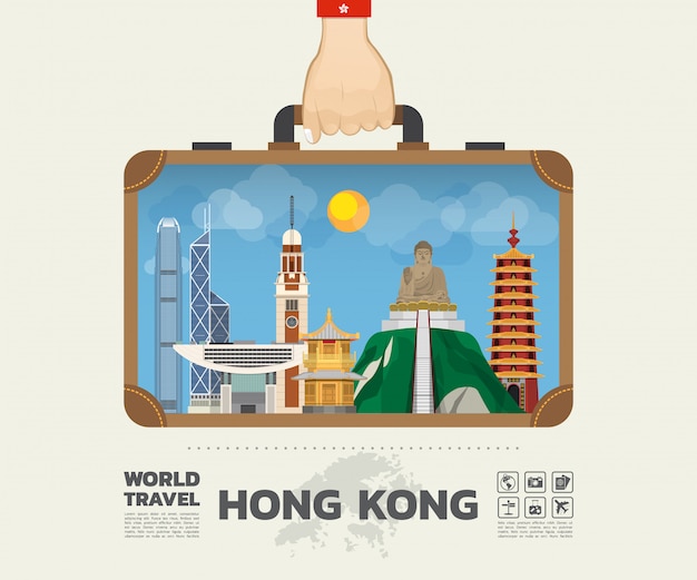 Hand die Hong Kong-oriëntatiepunt Globale Reis en Reis Infographic-Zak dragen.