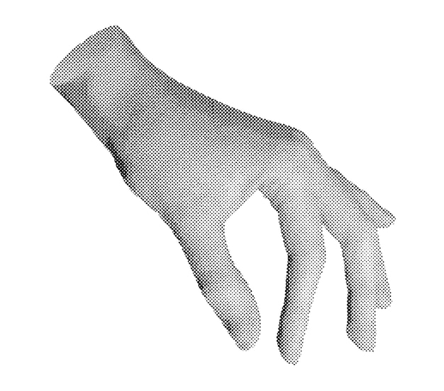 Hand die iets tussen de vingers houdt Halftone stijl vector geïsoleerd op witte achtergrond