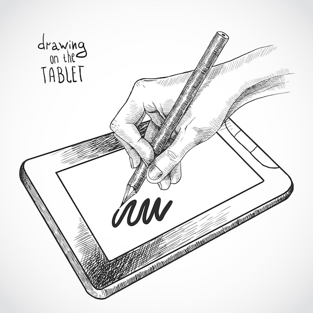 Hand die op de tablet trekt