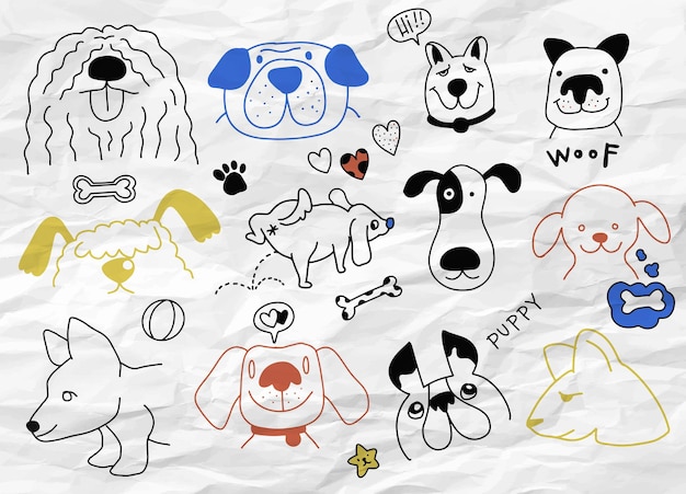 Vector hand doodle vector clipart with funny dogs paw prints and bones cute surface design