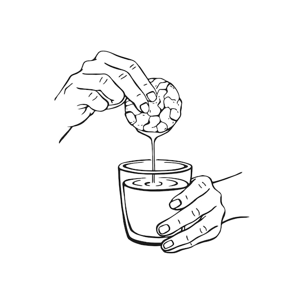 Hand doopt een koekje in een glas hand getrokken zwart-wit vectorillustratie