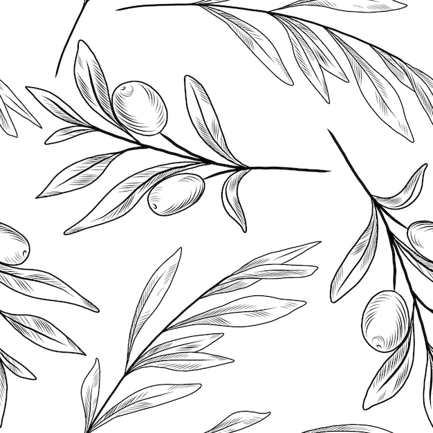 Hand dranw line art seamless pattern with olive branches