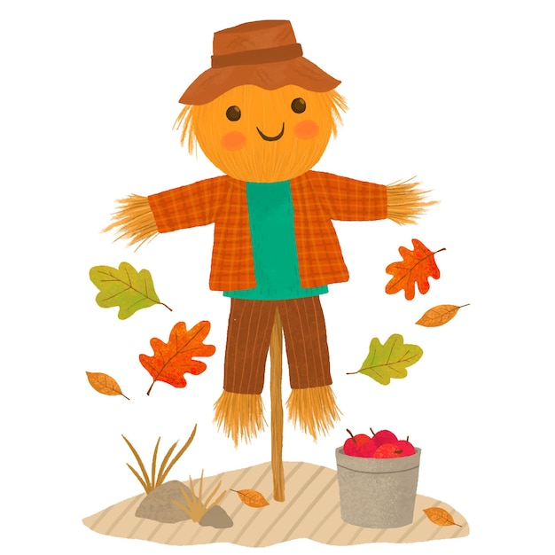 Vector hand draw autumn harvesting with cute scarecrow and apples
