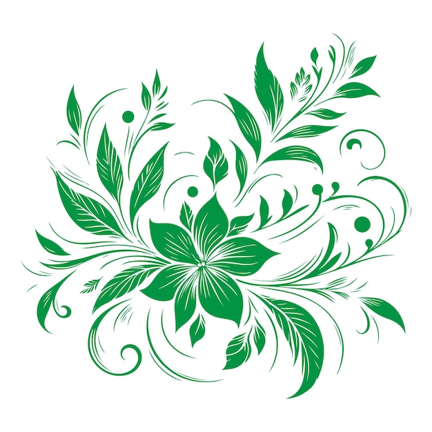 아름다운 꽃 장식의 손으로 그린 초록색 잎과 추상적인 검은색 선 모노크롬 콩투르 꽃 꽃 디자인 요소 터