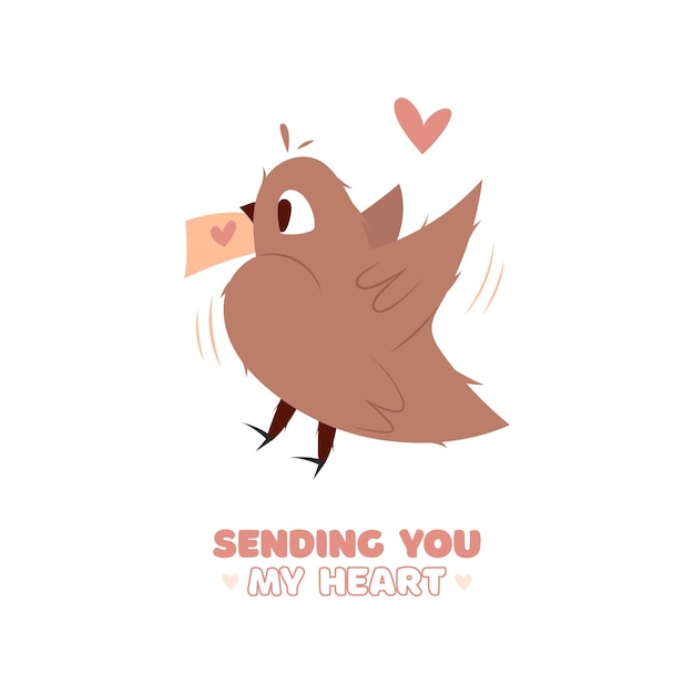 Vector hand draw bird with hearts and letter valentines day poscard with lettering sending you my heart