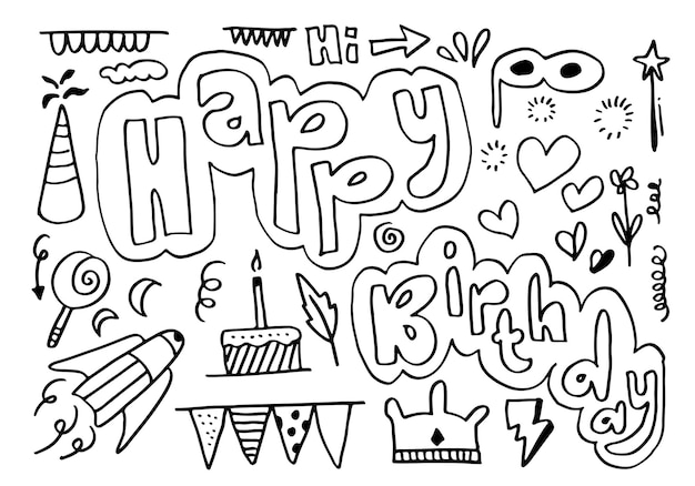 Vector hand draw birthday element flags cakes gifts flowers hearts candy