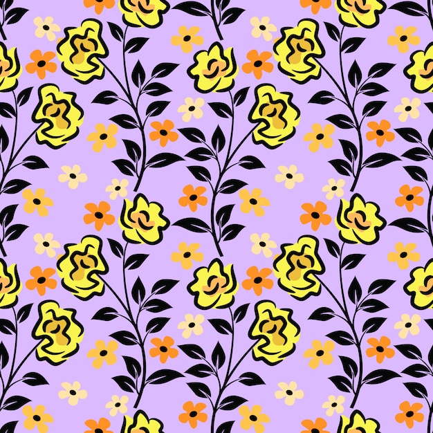 Hand draw black and yellow flowers seamless pattern.