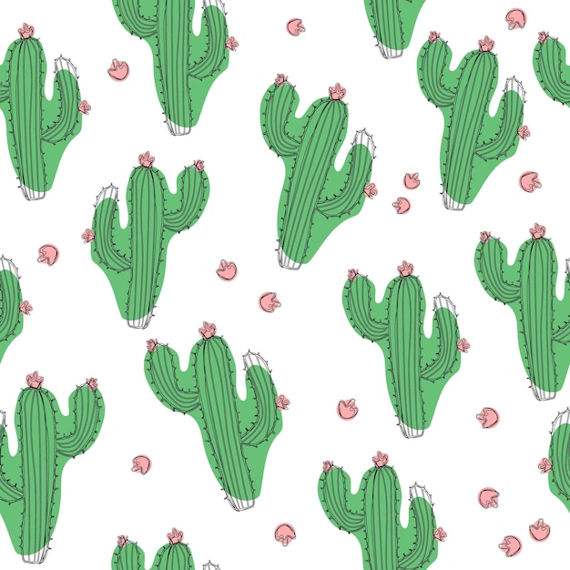 Hand draw cactus seamless pattern on isolated white background Sontinuous line drawing