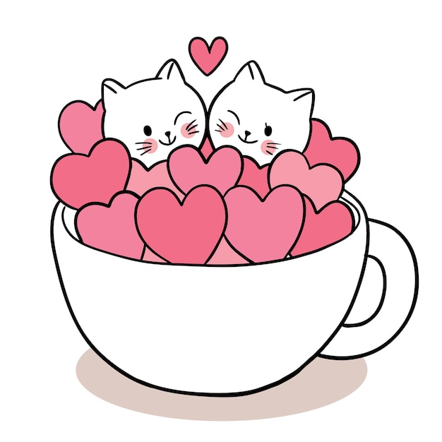 Рука рисовать мультфильм милый на день святого валентина с парой кошек и множеством сердец в чашке кофе