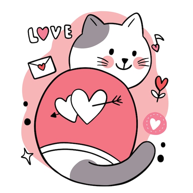 落書き猫とハートのベクトルでバレンタインデーのためにかわいい手描き漫画