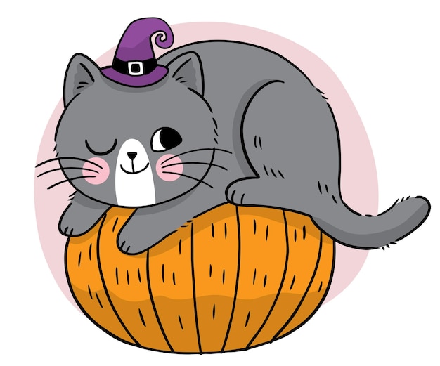 Рука рисовать мультфильм милая ведьма хэллоуин черная кошка на тыкве вектор
