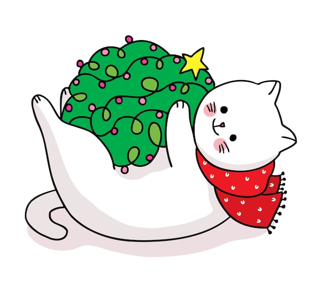 手描き漫画かわいいメリークリスマス、猫とライトツリークリスマス