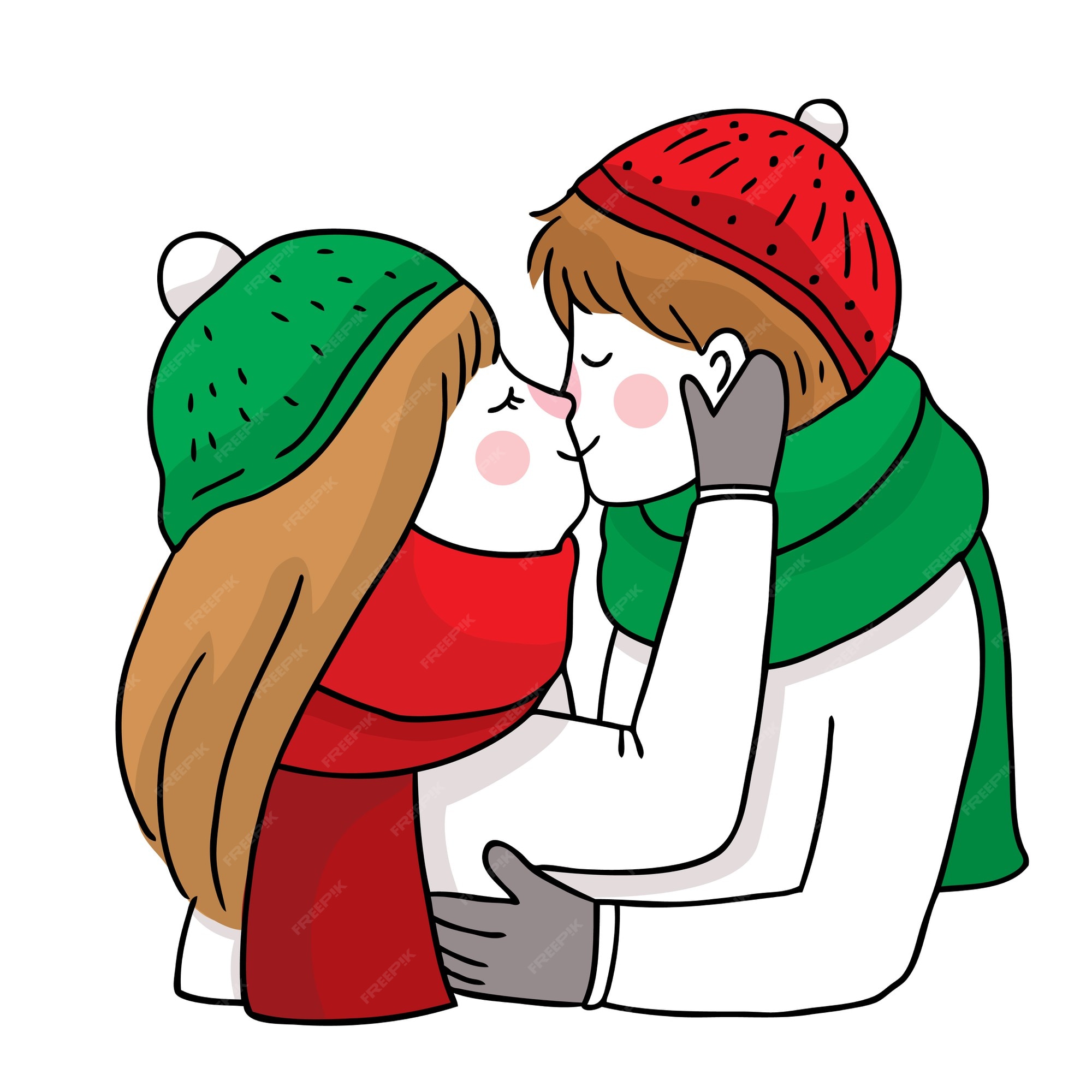 Premium Vector | Hand draw cartoon cute merry christmas, couple kiss and hug Premium Vector | Hand draw cartoon cute merry christmas, couple kiss and hug