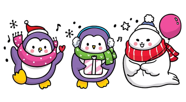 Рука рисовать мультфильм милые пингвины и печать счастья.