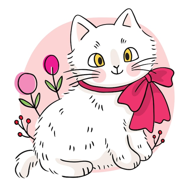 Disegnare a mano cartone animato carino dolce gatto bianco e vettore di fiori