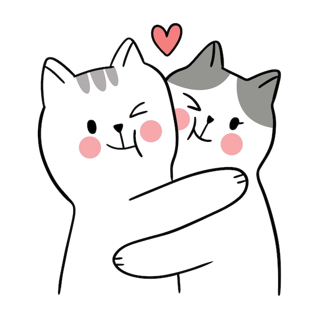 Hand draw cartoon cute for Valentine day with Couple cats hugging