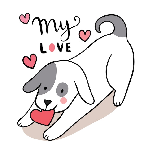 Рука рисовать мультфильм милый на день святого Валентина с собакой и сердцем