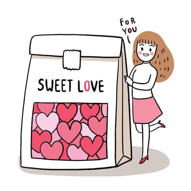 Hand draw cartoon cute for valentine day with woman and sweet herats in a bag