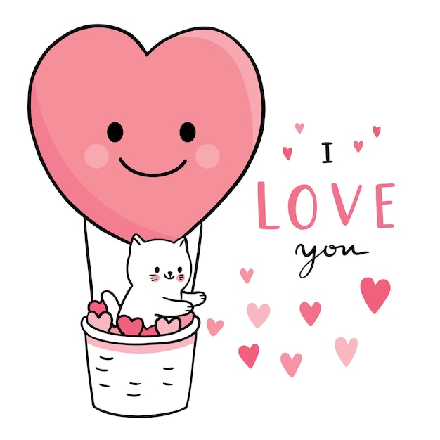 Vector hand draw cartoon cute valentine's day, cat in heart balloon
