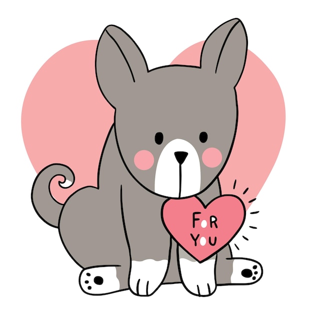 Mano disegnare cartone animato carino san valentino, cane e cuore bavaglino