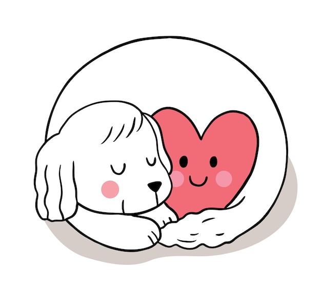 Рука рисовать мультфильм милый день святого валентина, собака сонная и сердце