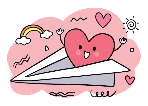 Рука рисовать мультфильм милый день святого валентина, сердце на летящей бумаге сидеть