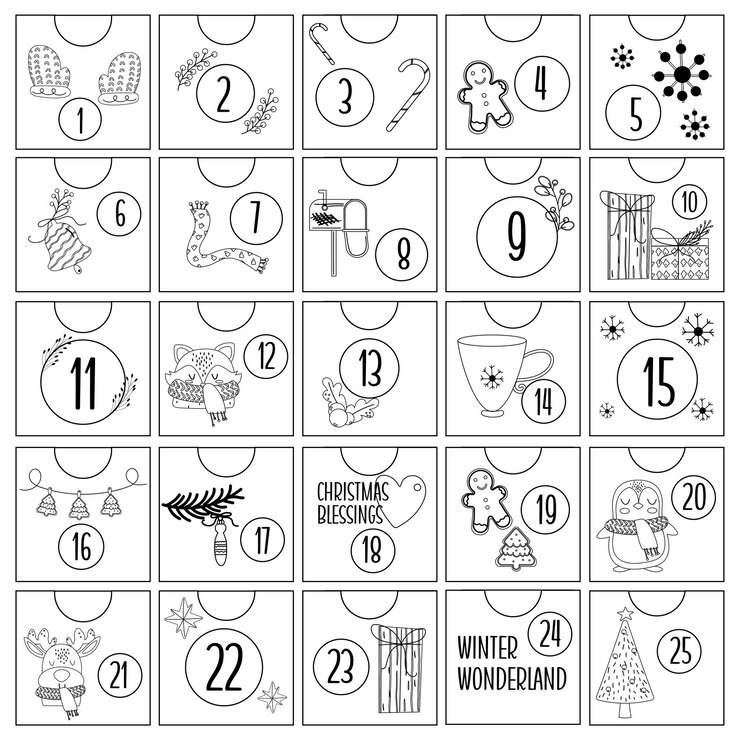 Vector hand draw christmas outline advent calendar with animal characters