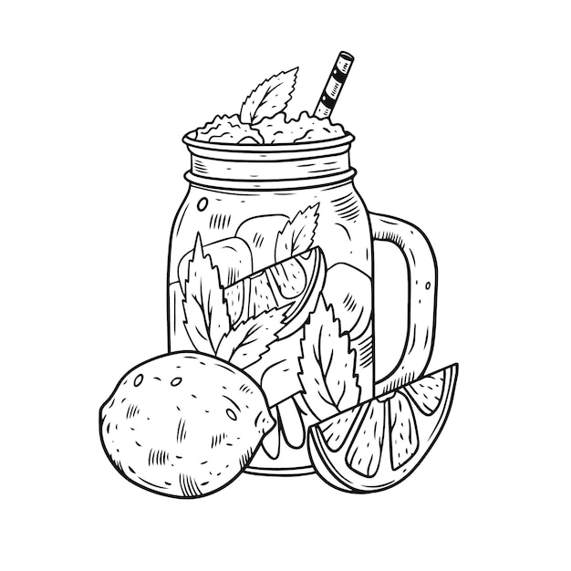 Hand draw cocktail in jar with lemon. Black color engraving style.