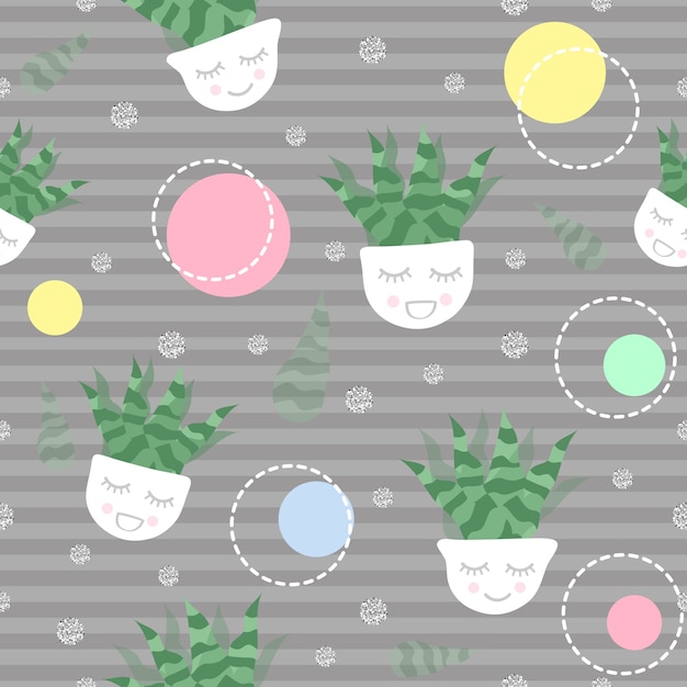 Hand draw colorful summer pattern on stripe background with tree in a pot