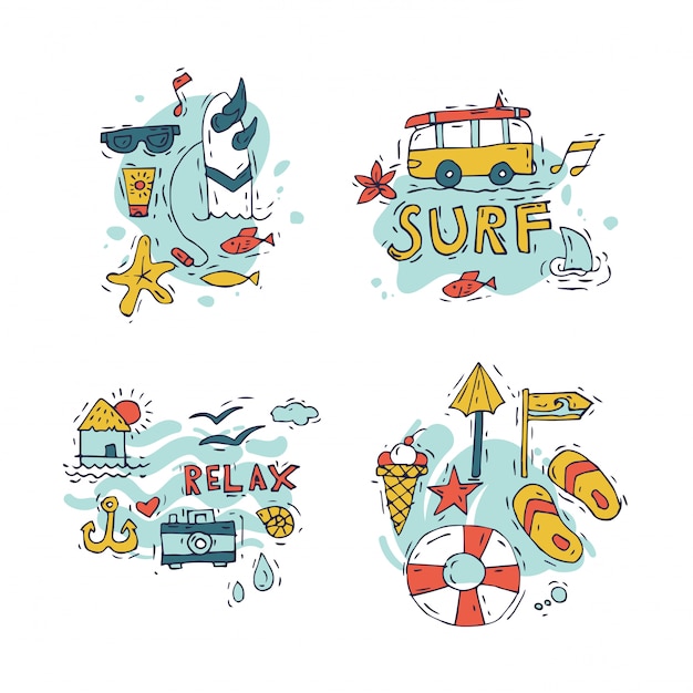 Vector hand draw compositon of surfing and summer holiday