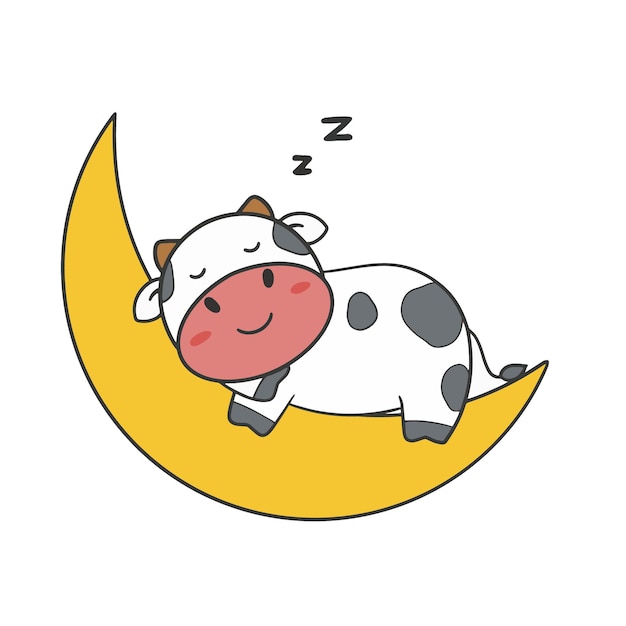 Vector hand draw cut cow sleep on the moon