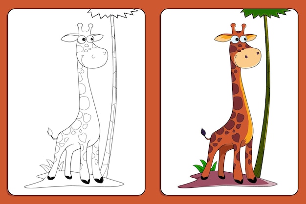 Vettore disegnare a mano simpatico cartone animato giraffa albero da colorare premium vector