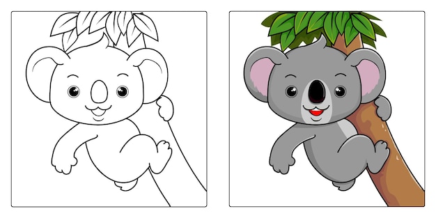 Hand draw cute cartoon koala on tree coloring pages premium vector