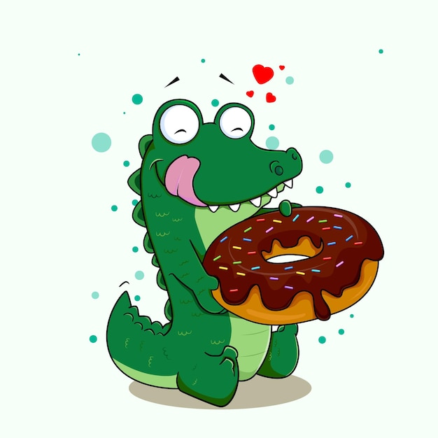 рука рисовать милый крокодил ест пончик