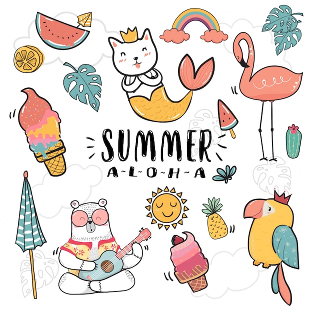 Vector hand draw cute doodle icon summer collection