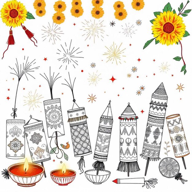 Vector hand draw diwali crackers sketch celebration design 1