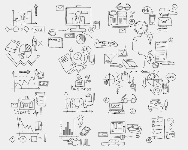 Elementi di doodle di tiraggio della mano. grafico del grafico di finanza aziendale.