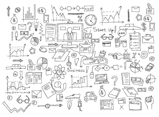 Elementi di doodle di tiraggio della mano grafico del grafico delle finanze aziendali