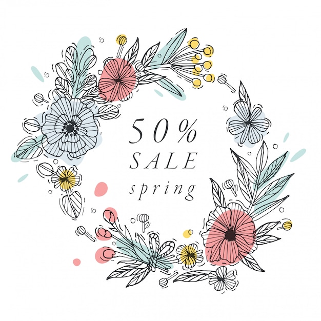 Hand draw flowers  for spring sale card colorful color. typography and icon for special sale offer background, banners or posters and other printables.