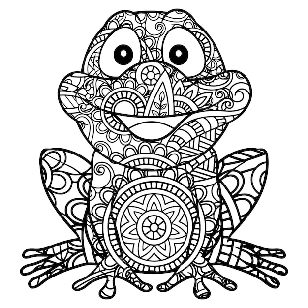 Pagina da colorare per bambini con mandala di rana zentangle disegnata a mano