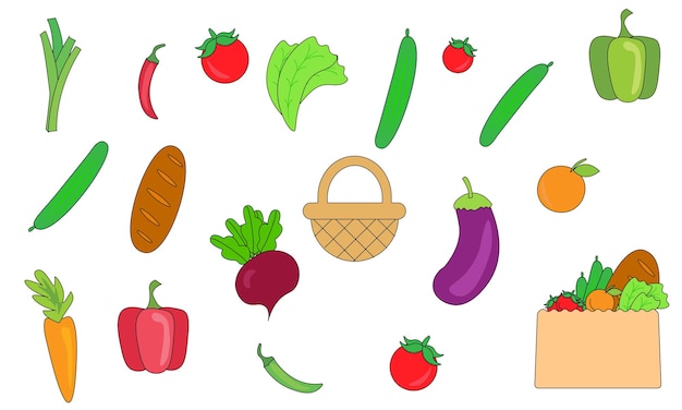 Vector hand draw fruit and vegetables icons set tomatoes cucumbers bell peppers carrots leeks