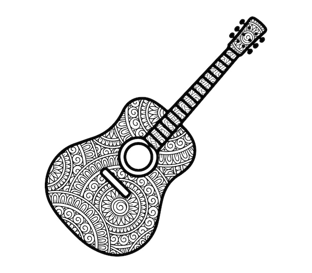 Vector hand draw guitar with beautiful flower background coloring page for adult