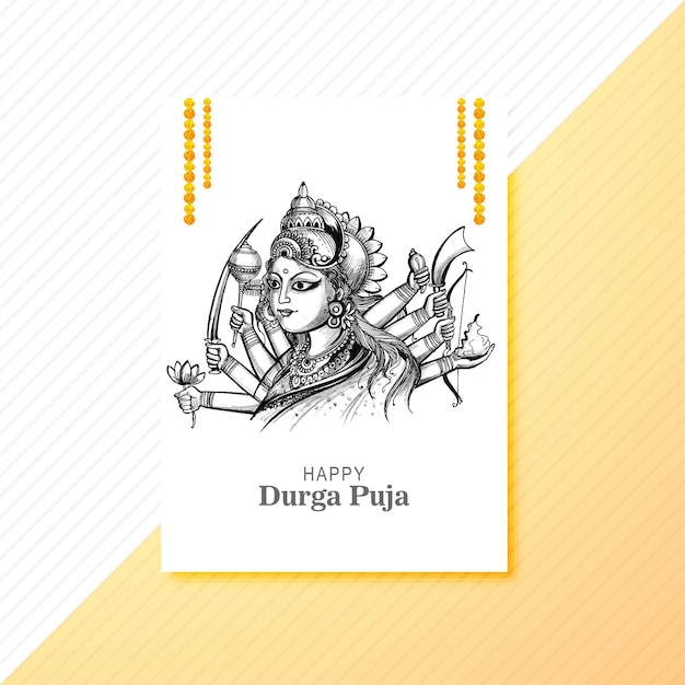 Vector hand draw happy durga puja festival indian holiday sketch brochure template design