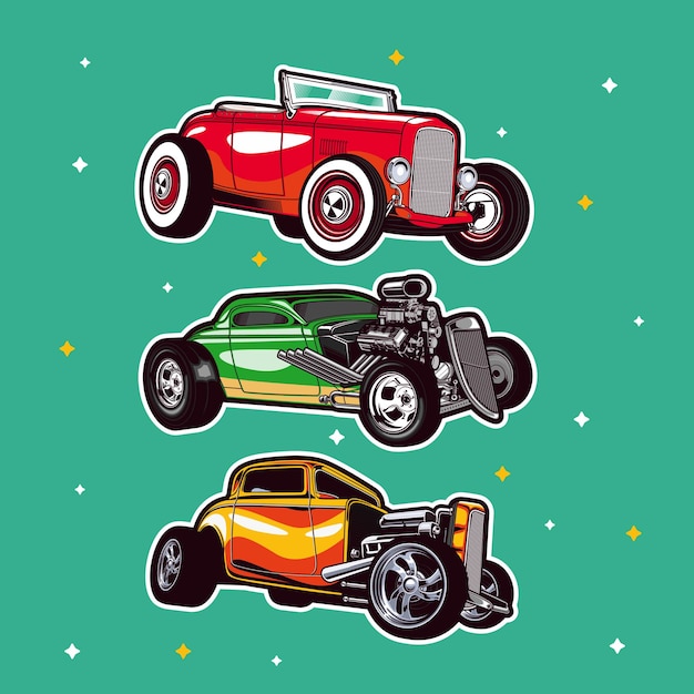 Vector hand draw hotrod cars trendy color vector