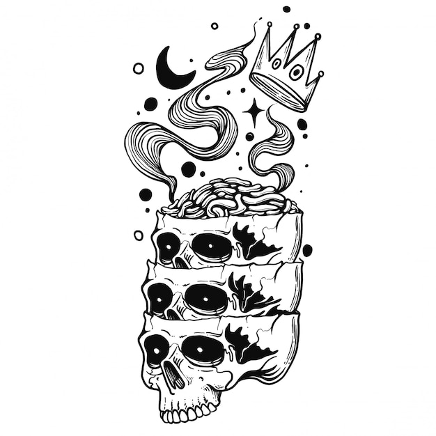 Vector hand draw illustration skull head crown brain moon engraving style